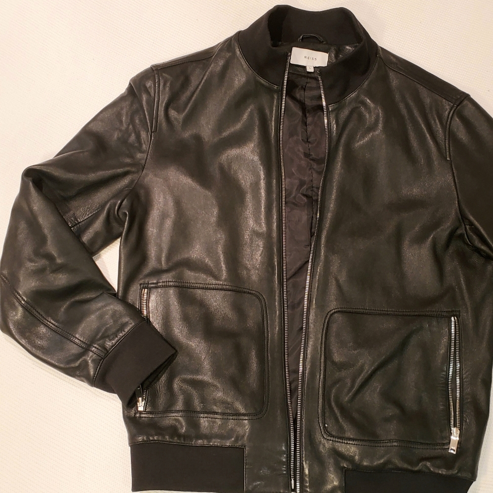 Offical Reiss Black Lamb Skin Leather Bomber Jacke